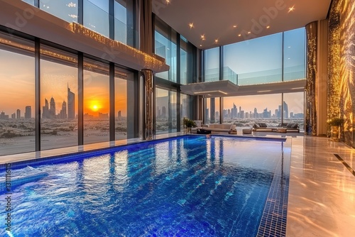 Dubai penthouse rooftop pool with city sunset view