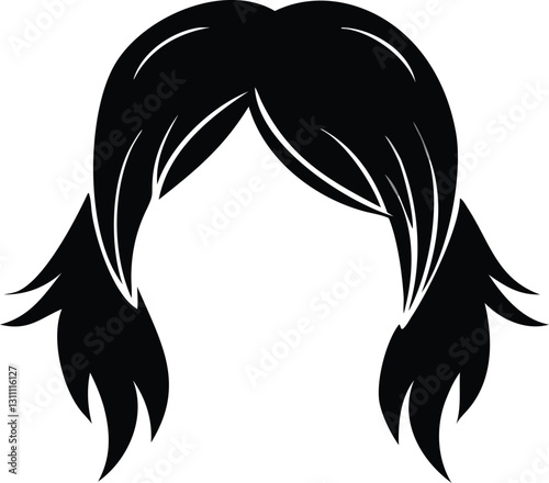 Black Hair Silhouette: Long, Straight, Layered Hairstyle with Bangs, Side Part, and Ponytails for Women