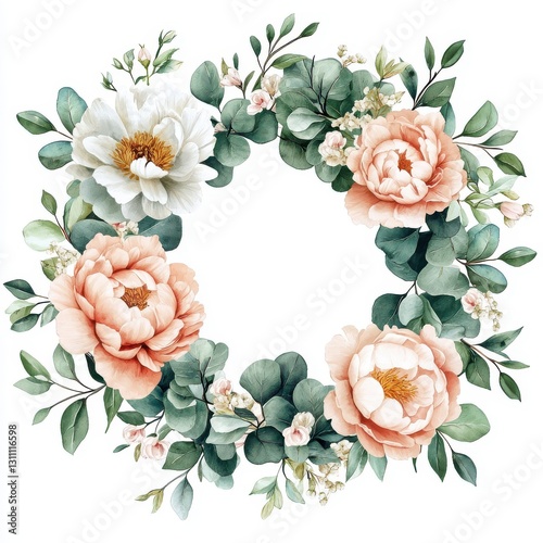 Watercolor blush and white peonies bouquet isolated on white background