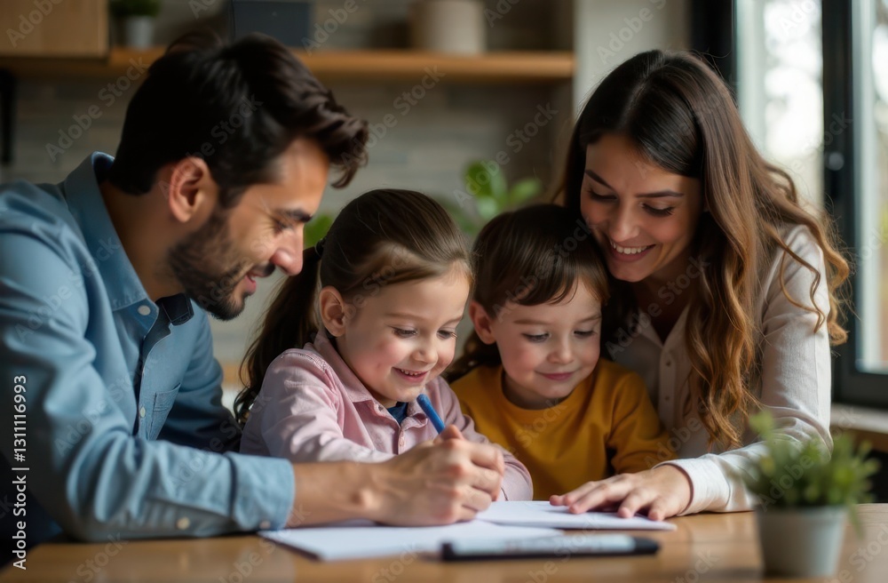 Family enjoys creative time together while seated at a cozy bank branch Family enjoys creative time together while seated at a cozy bank branch