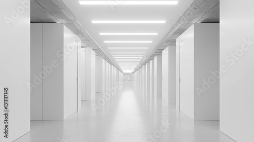 endless rows of pristine white storage units  polished concrete floors  fluorescent overhead lighting  minimalist industrial hallway  clean geometric lines  symmetrical door arrangement  soft ambient