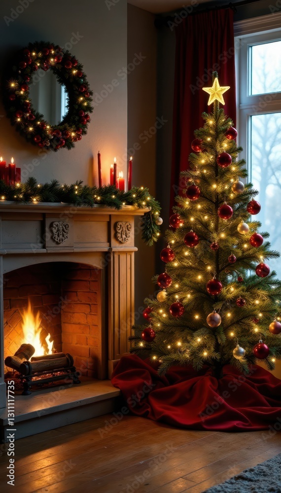 Christmas tree beside fireplace, ample copy space, lights, traditional Christmas tree beside fireplace, ample copy space, lights, traditional