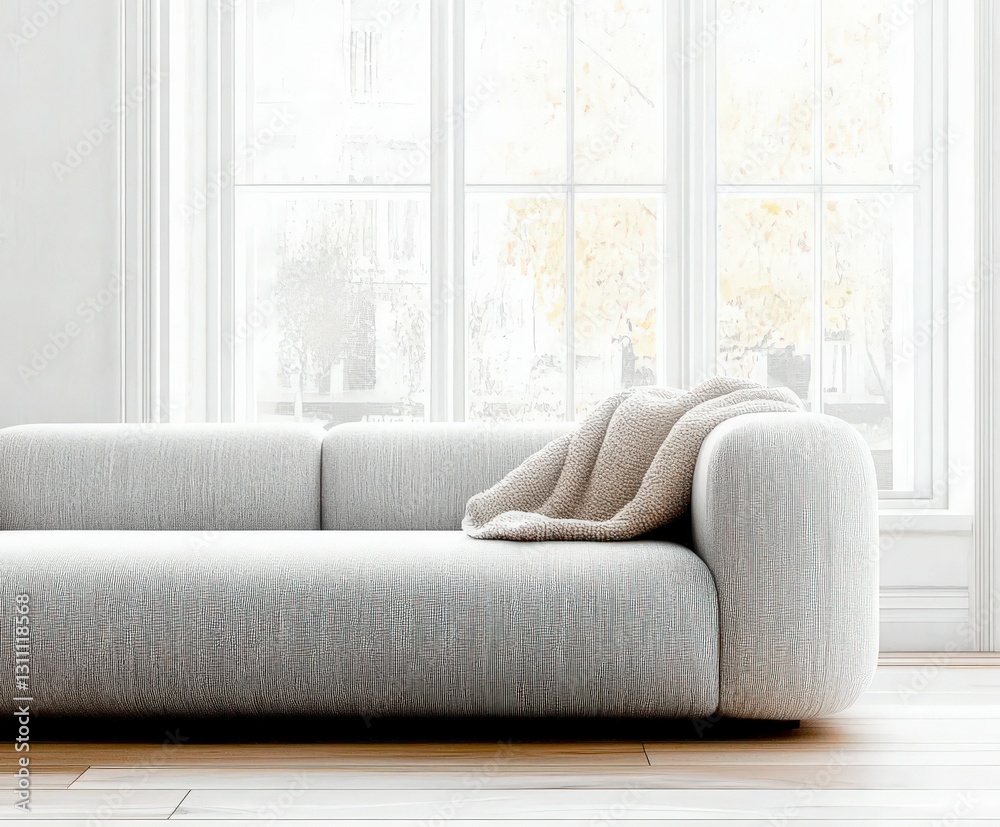 Fototapeta premium Stylish modern sofa with cozy blanket in bright sunlit living room near large windows