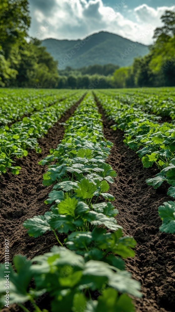 Expansive green coriander field showcasing vibrant crops growing in dense, lush rows under a clear sky possibly in China or similar agricultural region Expansive green coriander field showcasing vibrant crops growing in dense, lush rows under a clear sky possibly in China or similar agricultural region
