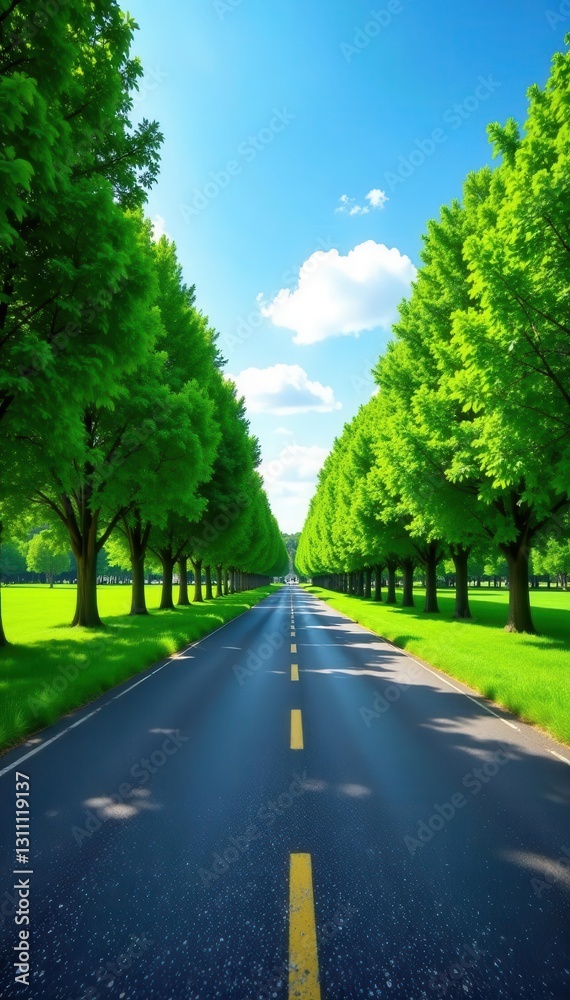 Empty asphalt road cuts through lush green park, vibrant blue sky above , stock, journey, countryside Empty asphalt road cuts through lush green park, vibrant blue sky above , stock, journey, countryside