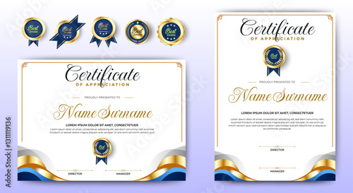 Certificate of appreciation template, gold and blue color. Clean modern certificate with gold badge. Certificate border template with luxury and modern line pattern. Diploma vector template.