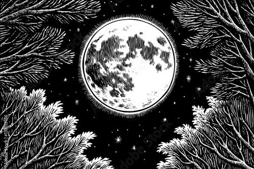 moon in sky with stars black and white hand drawn sketch