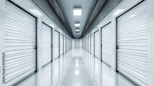 immaculate storage hallway perspective  repeating white metal doors  industrial ceiling fixtures  reflective floor surface  mathematical grid pattern  seamless architectural layout  cool white
