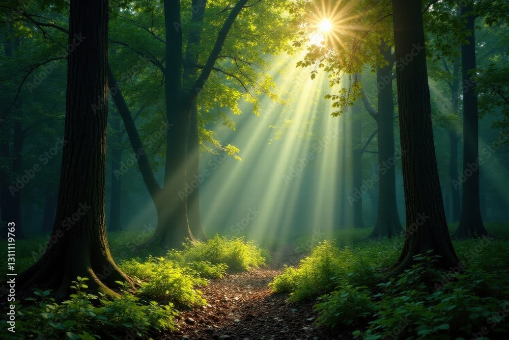 Obraz premium Sunbeams pierce dense forest canopy, dappled light on forest floor, canopy, peaceful