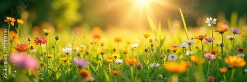 Sunlit meadow ablaze with wildflowers in full bloom, sunny, purple