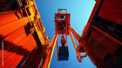 Industrial seaport machinery, twin container handling system, massive orange crane structure, suspended cargo operation, pristine blue atmosphere, maritime industrial photography, mechanical