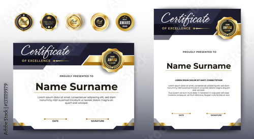 Black and gold certificate of appreciation border template with luxury badge and modern line and shapes. For award, business, and education needs. Diploma vector template