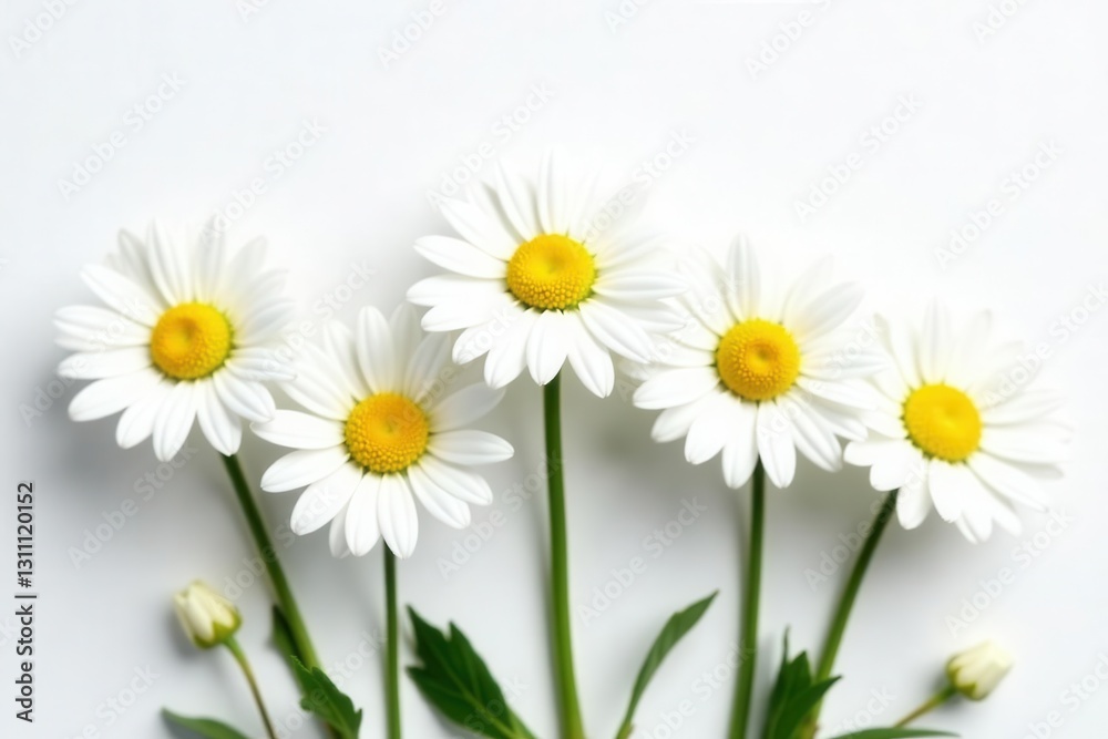 Obraz premium Five pristine white daisies, yellow centers, stark white backdrop , macro, isolated