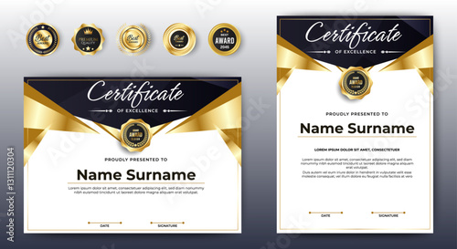 Certificate of achievement award template design. Black and gold shape. A4 size Horizontal and Vertical certificate with Badges. vector