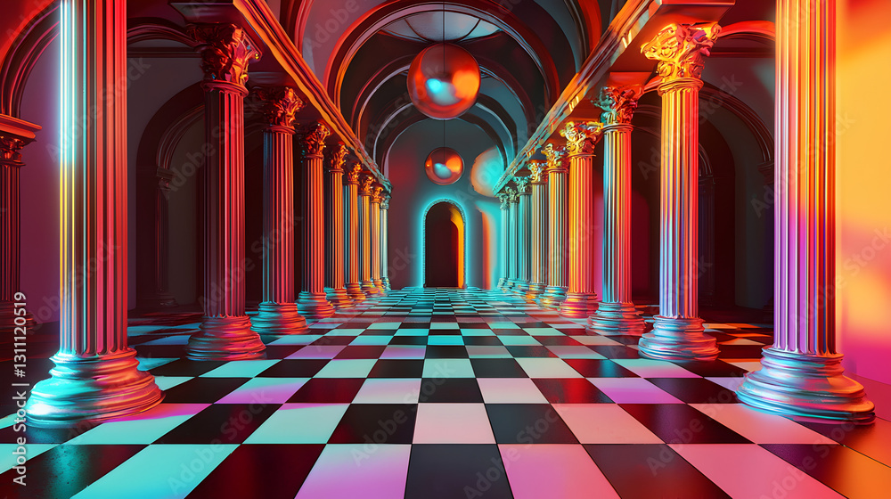 Obraz premium Virtual showcase hall displaying art digital gallery photostock futuristic environment wide angle view aesthetic design