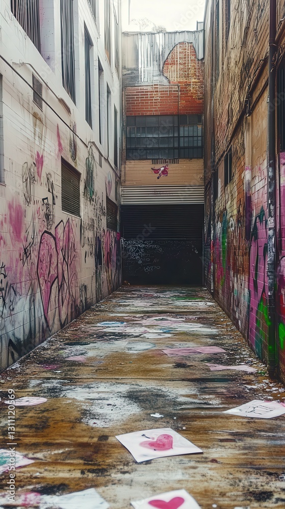 Fototapeta premium Brightly colored alleyway with vibrant graffiti and scattered art pieces in an urban setting during daylight