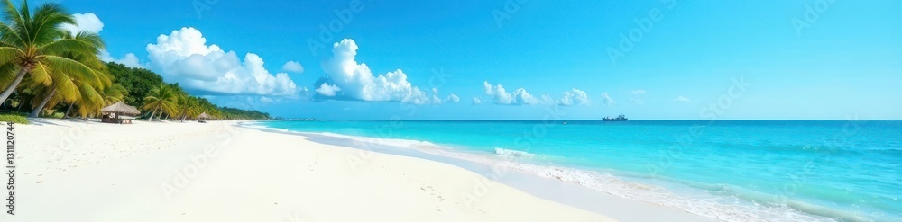 Fototapeta premium Expansive, white sand beach; vibrant blue sky overhead, sky, empty