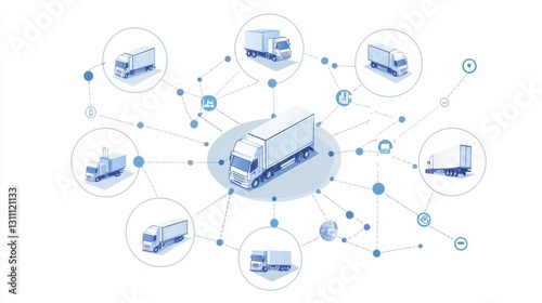 Medical supply distribution network diagram, central medicine vial hub, connected delivery trucks icons, radial spoke layout, light blue circular nodes, minimalist transportation icons, clean vector