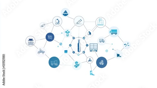Medical supply distribution network diagram, central medicine vial hub, connected delivery trucks icons, radial spoke layout, light blue circular nodes, minimalist transportation icons, clean vector