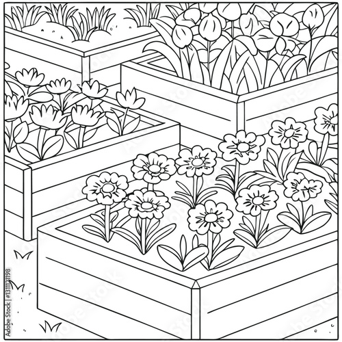 Black and White Line Art Illustration of a Flower Garden with Raised Wooden Beds, Blooming Flowers, and Gardening Scene