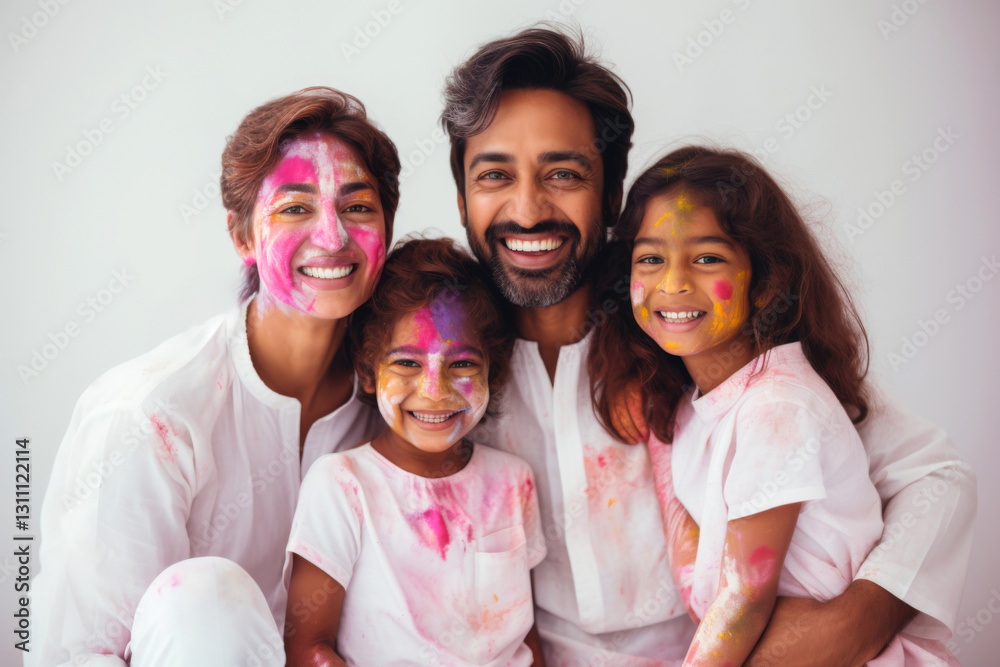 Fototapeta premium Members of an Indian family celebrating Holi festival with colours 