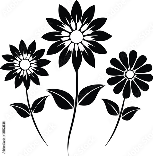 Black and White Floral Vector Illustration: Three Stylized Flowers with Detailed Petals and Leaves, Minimalist Design