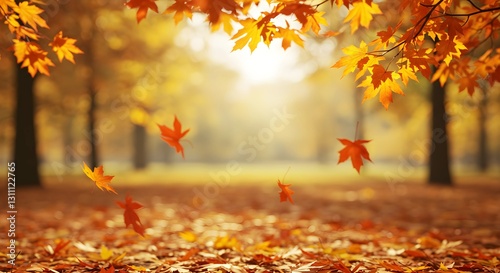 Beautiful autumn landscape with. Colorful foliage in the park. Falling leaves natural background. Generative AI.