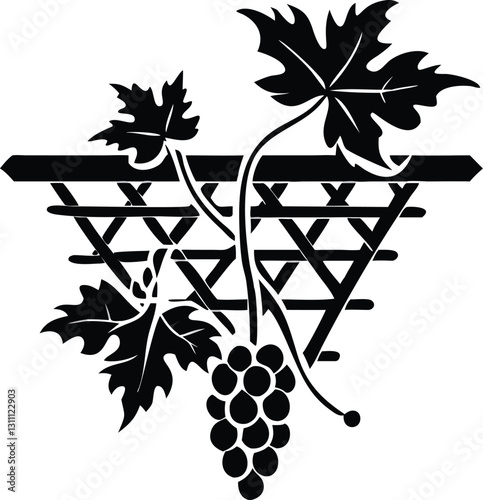 Black Vine Trellis Silhouette: Grapes, Leaves, & Geometric Design for Wine, Vineyard, or Garden Decor