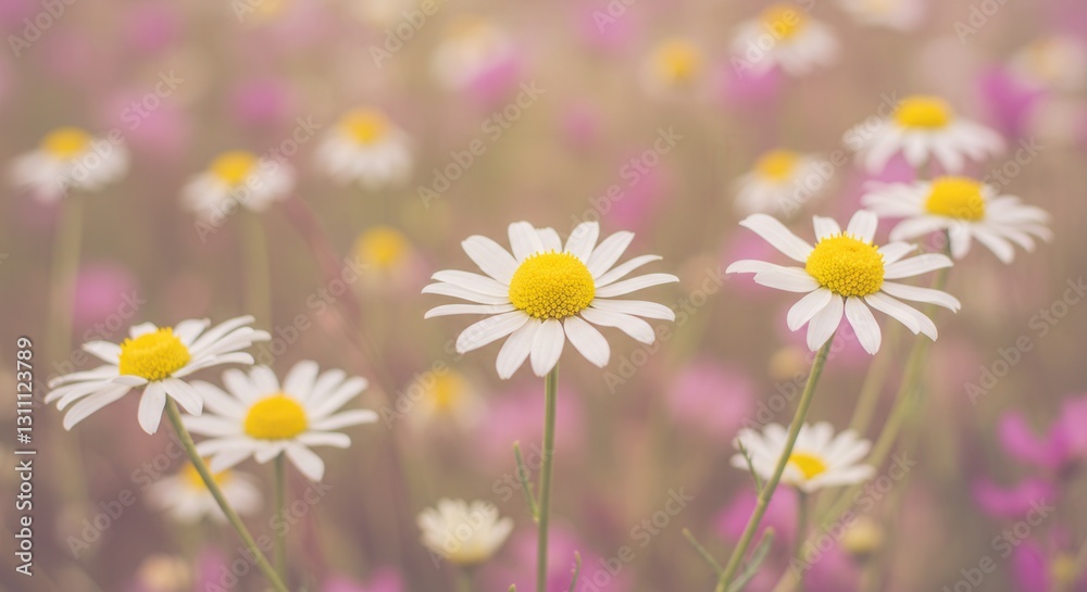 Fototapeta premium White Daisies in Bloom on a Sunny Day in a Flower Meadow