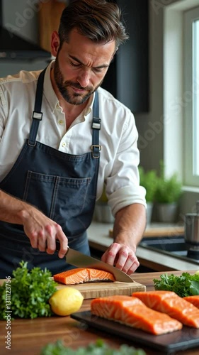 Man Preparing Salmon Fillet in Modern Kitchen A Culinary Masterpiece