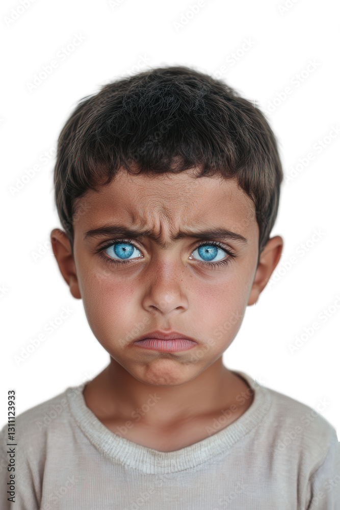Boy with blue eyes showing sadness and frustration, isolated on white background, expressing emotions, child portrait, serious facial expression, youth despair. Boy with blue eyes showing sadness and frustration, isolated on white background, expressing emotions, child portrait, serious facial expression, youth despair.