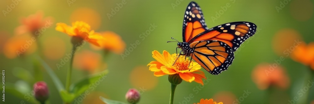 Fototapeta premium Monarch butterfly nectaring on vibrant wildflowers , garden, field, meadow