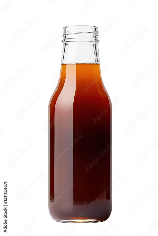 A clear bottle filled with a dark beverage on a white background. A clear bottle filled with a dark beverage on a white background.