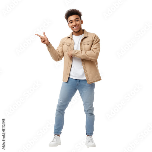 Ultra HD PNG image of a handsome smiing sales person standing pointing towards left wearing suit and tie, smiling at camera on transparent background photo