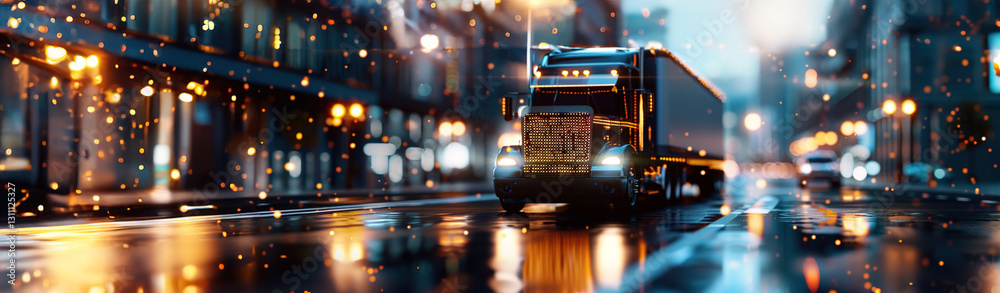 Fototapeta premium High-tech truck with glowing holographic data streams, dark background