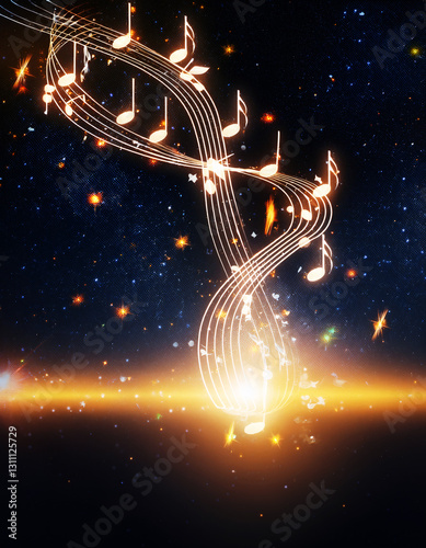 Celestial Symphony: Animated musical notes cascade in a dynamic display, creating an ethereal composition against the backdrop of a mesmerizing night sky.