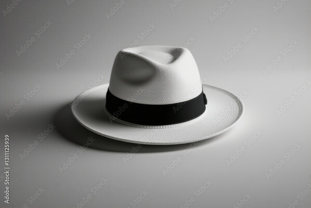 there is a white hat with a black band on a plate there is a white hat with a black band on a plate