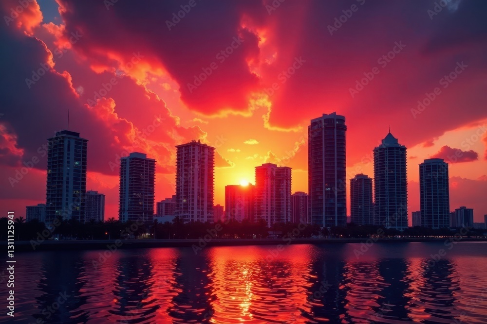 Fototapeta premium Dramatic Miami sunset, skyscrapers silhouetted against fiery sky, orange, buildings