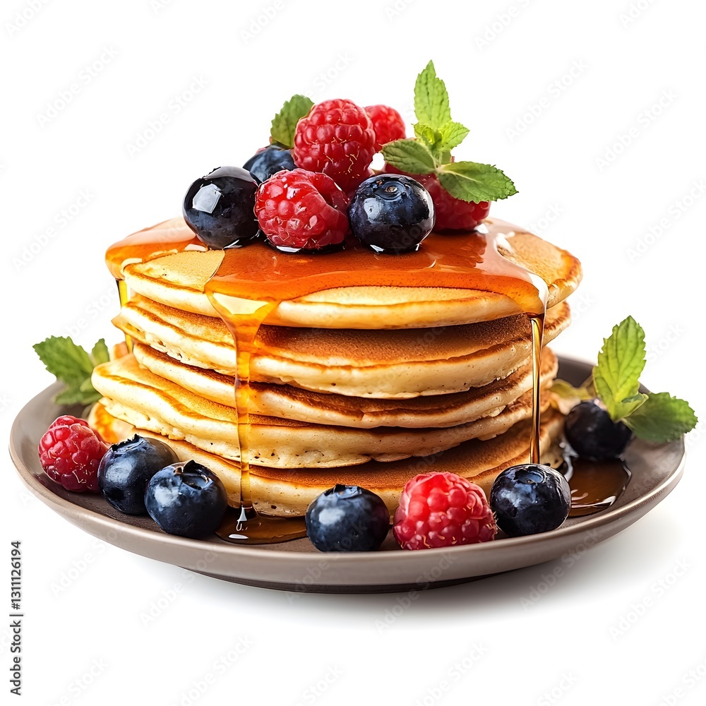 custom made wallpaper toronto digitalFluffy Pancakes with Maple Syrup and Fresh Berries, Close-Up, Isolated on White
