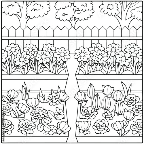 Black and White Garden Coloring Page: Detailed Flower Beds, Fence, Trees, and Floral Designs for Kids and Adults