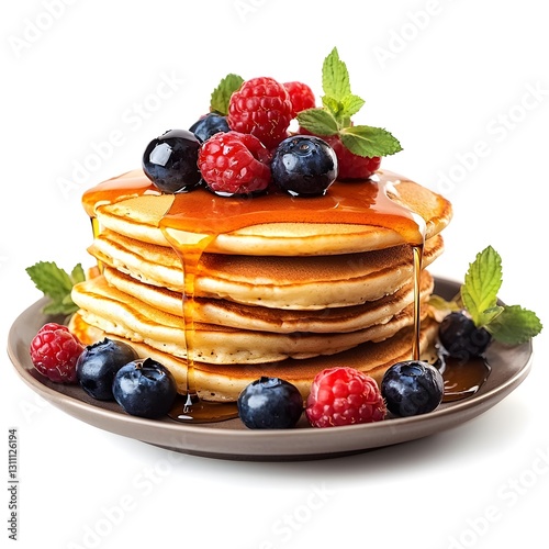 Wallpaper Mural Fluffy Pancakes with Maple Syrup and Fresh Berries, Close-Up, Isolated on White Torontodigital.ca