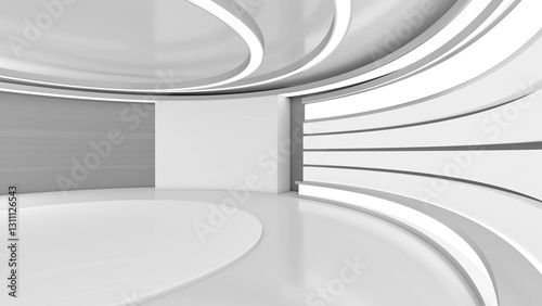 Tv Studio. White studio. News studio. The perfect backdrop for any green screen or chroma key video or photo production. 3D rendering.