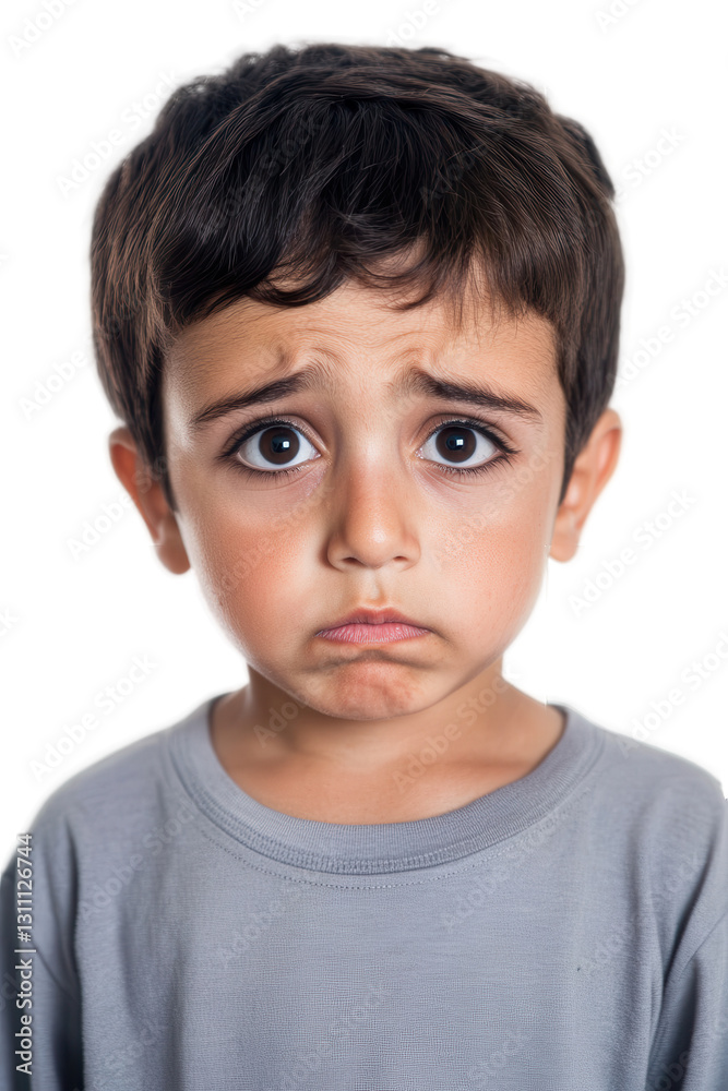 Sad boy with expressive face and big eyes showing emotions isolated on white background, childhood feelings, kids' emotions, sadness in children. Sad boy with expressive face and big eyes showing emotions isolated on white background, childhood feelings, kids' emotions, sadness in children.
