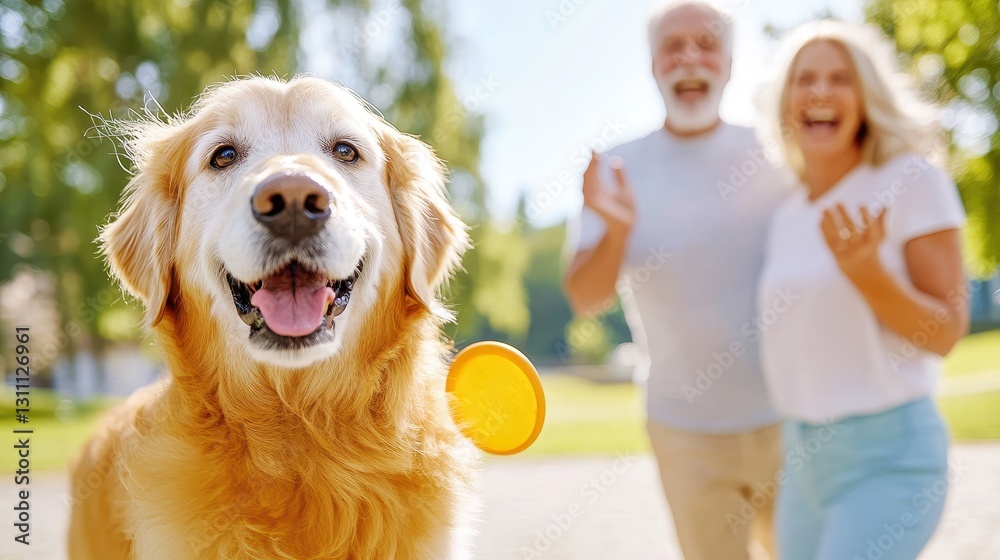Golden Retriever Catching Frisbee With Joyful Couple