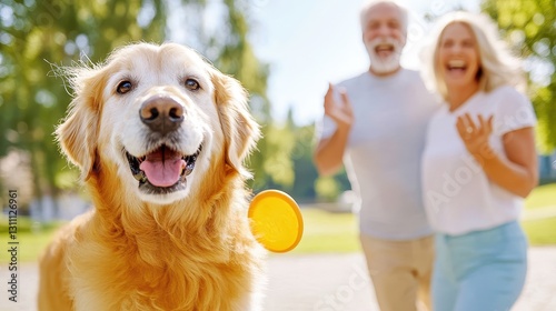 Obraz na płótnie Golden Retriever Catching Frisbee With Joyful Couple w salonie
