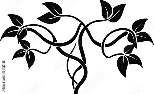 Black Vine Silhouette with Leaves, Elegant Floral Design for Decorative Elements, Nature Inspired Ornament, Vector Art
