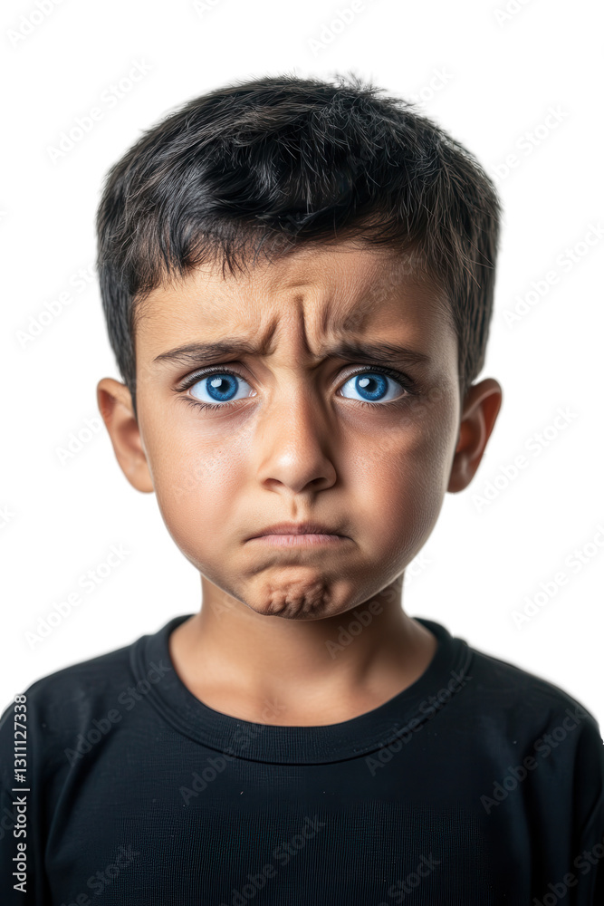 Child with sad expression isolated on white background, emotional portrait, upset kid showing feelings, facial expression, serious face, youth emotion. Child with sad expression isolated on white background, emotional portrait, upset kid showing feelings, facial expression, serious face, youth emotion.