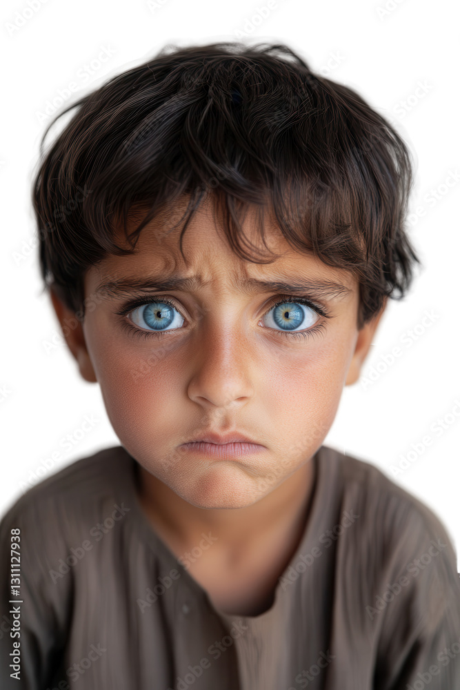 Boy with sad expression and blue eyes looking towards the camera isolated on white background, child emotions, innocence, childhood, kid portrait. Boy with sad expression and blue eyes looking towards the camera isolated on white background, child emotions, innocence, childhood, kid portrait.