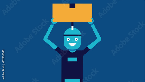 Warehouse Worker A worker in a storage area wearing a sleek futuristic exoskeleton effortlessly lifting a crate above their head with a smile.