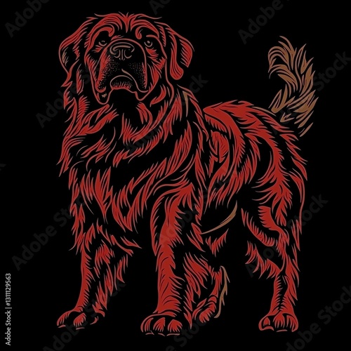 Tibetan Mastiff: Artistic representation of a Tibetan Mastiff in a nostalgic and charming vintage patternT-shirt design graphic, vector, contour, black background.